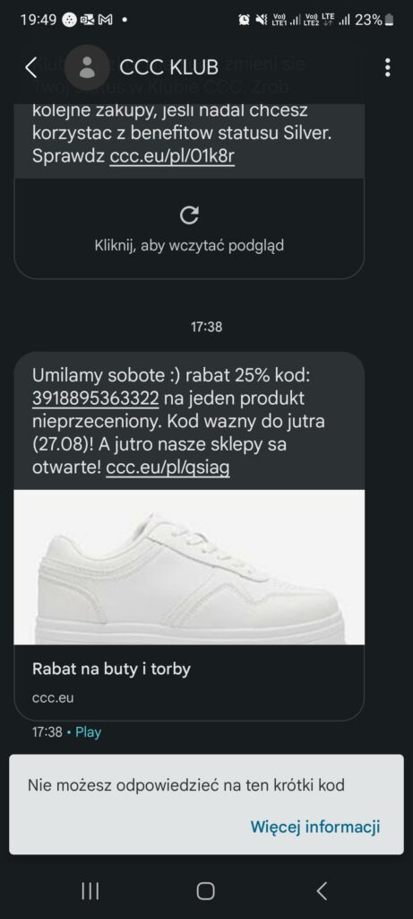 Wiadomość SMS z przeceną i linkiem