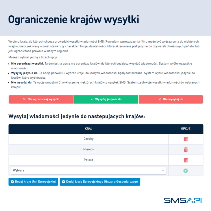 Ograniczenie krajów wysyłki SMS za granicę